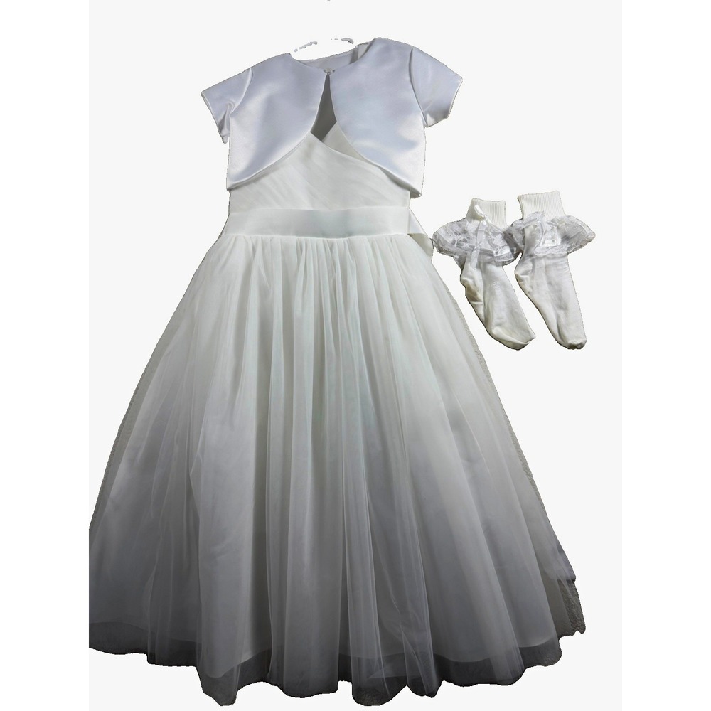 Girls White Tulle Formal Dress Size 130 8-9 Wedding Flower Girl Communion Socks